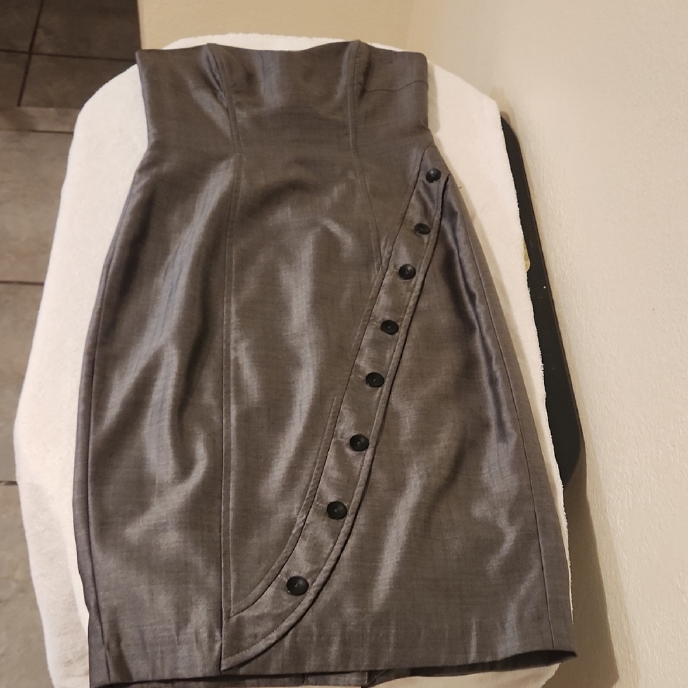 Silk Gray Button-Detail Dress Below The Knees